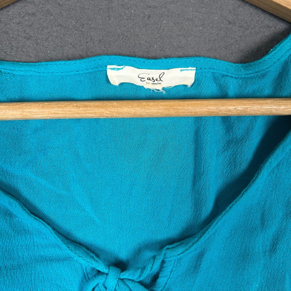 Easel Top Womens M Turquoise Blue Embroidered Boho Tassel Peasant Blouse ET20348 - Picture 6 of 7